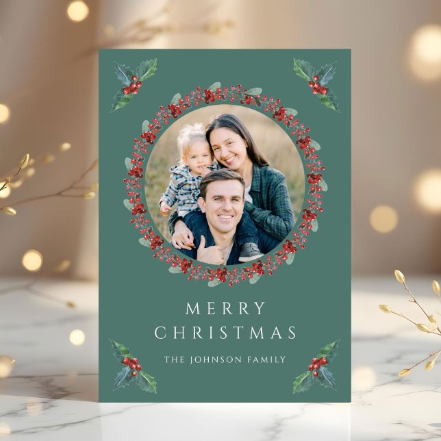 Festive Holly Botanical Greenery Photo-jul Julkort (Festive Holly Botanical Greenery Photo Christmas Holiday Card)
