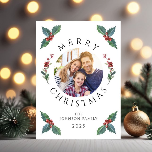 Festive Holly Botanical Greenery Photo-jul Julkort (Festive Holly Botanical Greenery Photo Christmas Holiday Card)