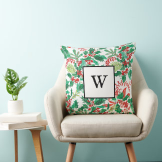 Festive Holly Christmas Monogram Throw Pillow Kudde