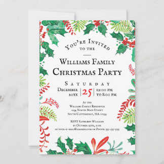 Festive Holly Christmas Red Green Party Invitation Inbjudningar