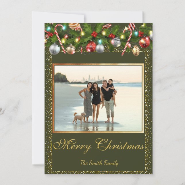 Festive Holly Garland | Foton guld Glitter Julkort (Framsida)