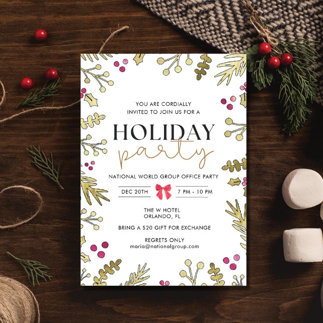 Festive Holly Helgdag-inbjudan till julfest Inbjudningar (Festive Holly Holiday Christmas Party Invitation)