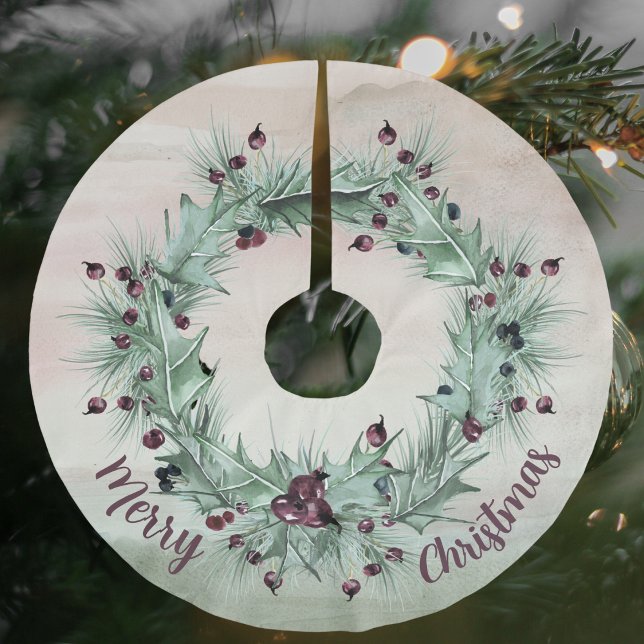 Festive Holly och Ivy Wandend Plum Julgransmatta Borstad Polyester (Festive Holly, Ivy Wreath, Plum, Green, Christmas, Brushed Polyester Tree Skirt)