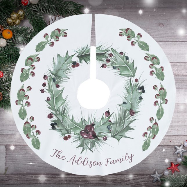 Festive Holly och Ivy Wandjul Julgransmatta Borstad Polyester (Family Name, Festive Holly, Ivy Wreath, Plum, Brushed Polyester Tree Skirt)