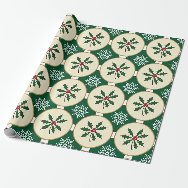Festive Holly och Snowflake Wrapping Papper Presentpapper (Utrullad)