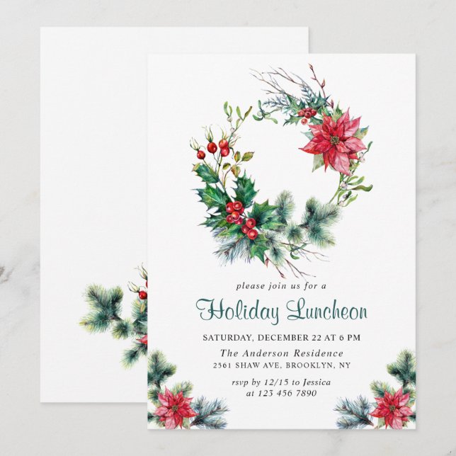 Festive Holly Wandandejul-Helgdag Luncheon Inbjudningar (Fram/baksida)