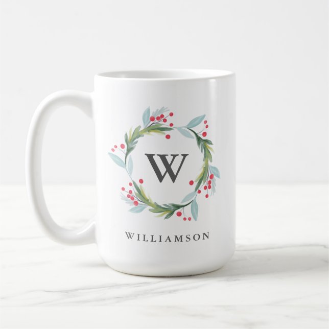 Festive Holly Watercolor Foliage WAN and Monogram Kaffemugg (Vänster)