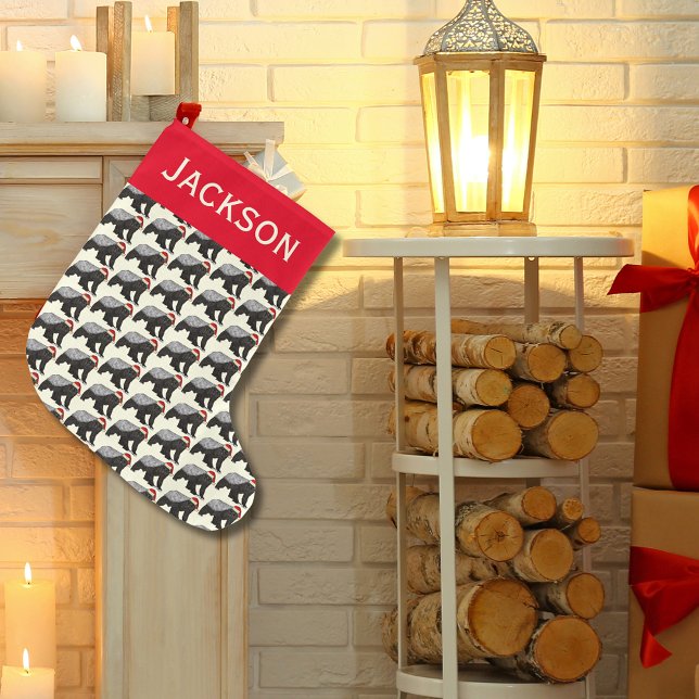 Festive Honey badger Badass Santa Animal Add Namn Stor Julstrumpa (Honey badger wearing santa hat pattern personalized name Christmas holiday stocking)