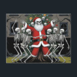 Festive Horror Santa och Dancing Skeletons Vykort<br><div class="desc">Festive Horror Skeletal Santa och flera lycklig-skelettdans runt en Julgran AI skapade konst</div>