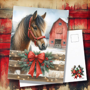 Festive Horse and Red Rustic Barn jul Helg Vykort