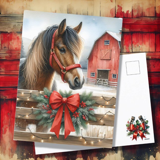 Festive Horse and Red Rustic Barn jul Helg Vykort (Skapare uppladdad)