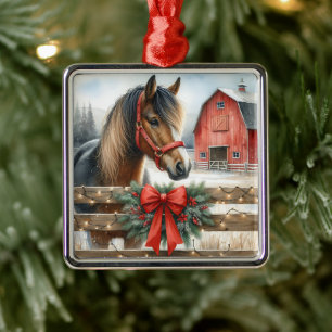Festive Horse and Red Rustic Barn jul Julgransprydnad Metall