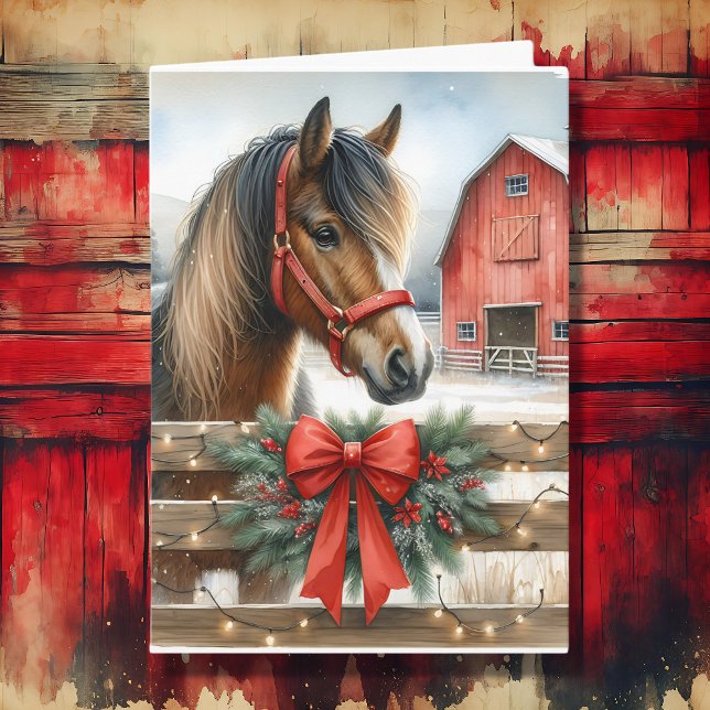 Festive Horse and Red Rustic Barn jul Kort (Skapare uppladdad)