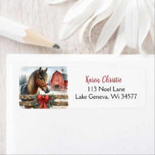 Festive Horse and Red Rustic Barn jul Returadress Etikett
