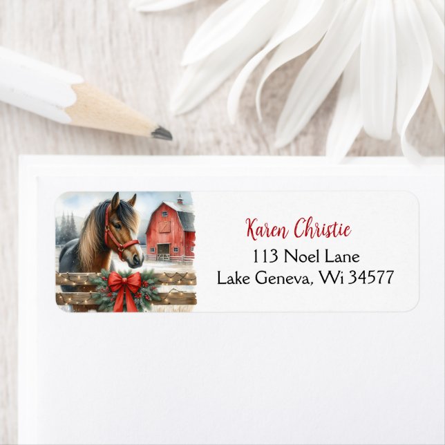 Festive Horse and Red Rustic Barn jul Returadress Etikett (Insitu)