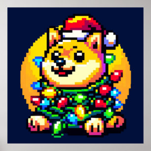 Festive Hund - Cute Pixel Art jul Ljus Poster