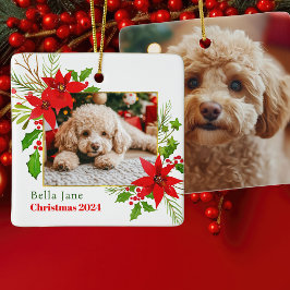 Festive Hund Photo jul Red Poinsettia Blommigt Julgransprydnad Keramik