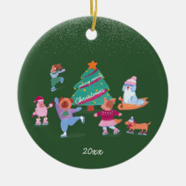 Festive Hundar Ice Skating Grönt julfoto Julgransprydnad Keramik