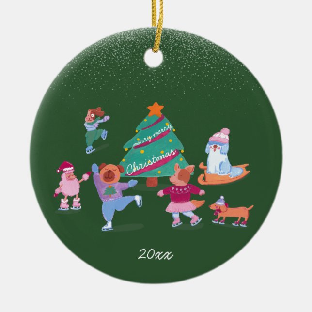 Festive Hundar Ice Skating Grönt julfoto Julgransprydnad Keramik (Framsidan)