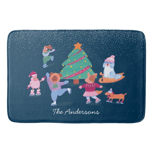 Festive Hundar Ice Sker Mörk blått jul Badrumsmatta (Framsidan)