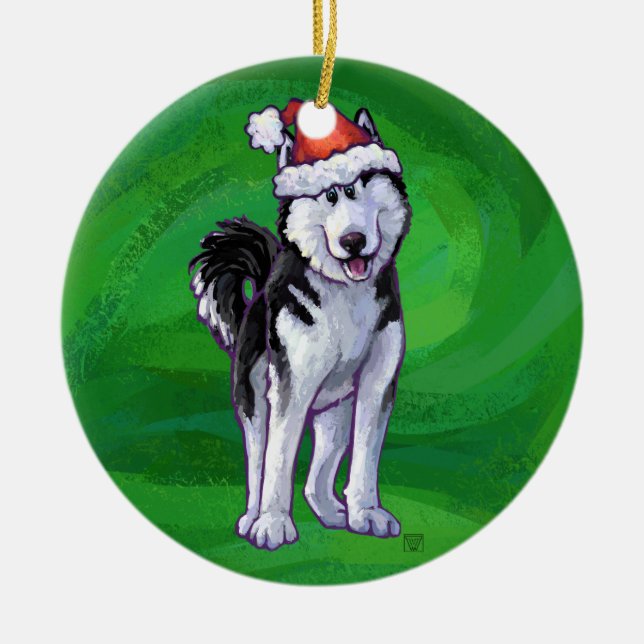 Festive Husky i Santa Hat på Grönt Julgransprydnad Keramik (Framsidan)