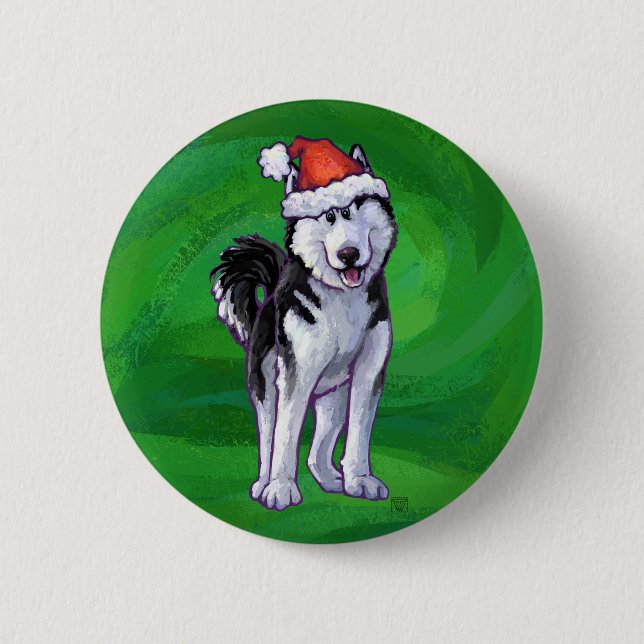Festive Husky i Santa Hat på Grönt Knapp (Framsida)