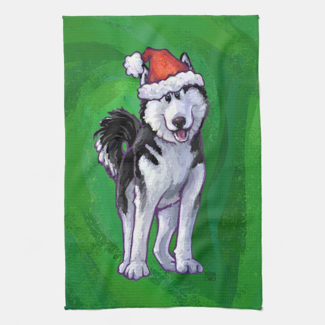 Festive Husky i Santa Hat på Grönt Kökshandduk (Vertikal)