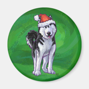 Festive Husky i Santa Hat på Grönt Magnet