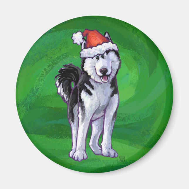 Festive Husky i Santa Hat på Grönt Magnet (Framsidan)