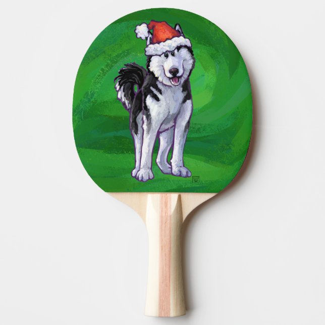 Festive Husky i Santa Hat på Grönt Pingisracket (Framsidan)