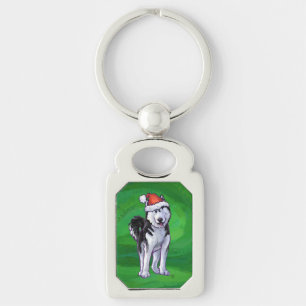 Festive Husky i Santa Hat på Grönt Rektangulärt Silverfärgad Nyckelring