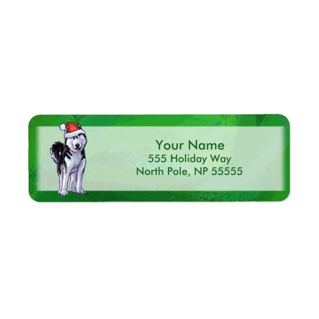 Festive Husky i Santa Hat på Grönt Returadress Etikett (Framsidan)