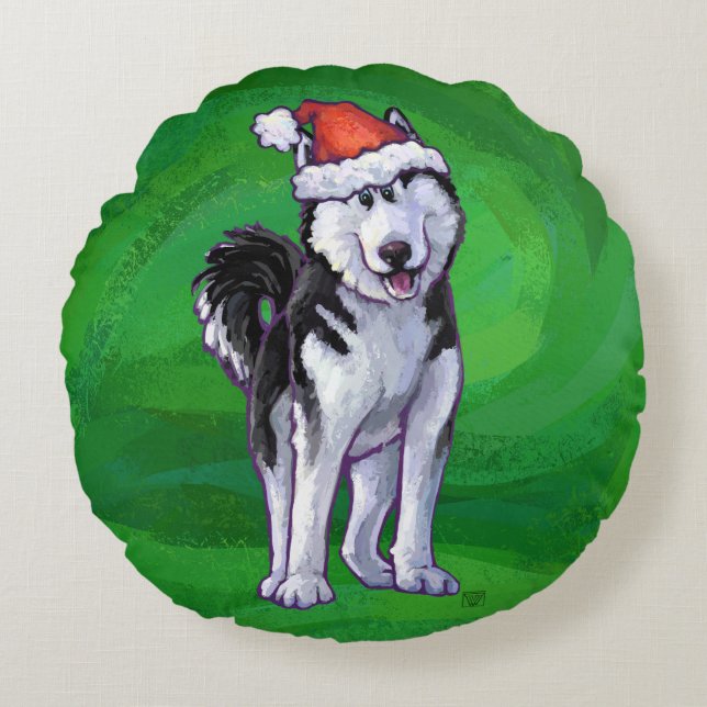 Festive Husky i Santa Hat på Grönt Rund Kudde (Framsidan)