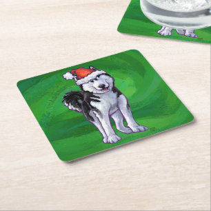 Festive Husky i Santa Hat på Grönt Underlägg Papper Kvadrat