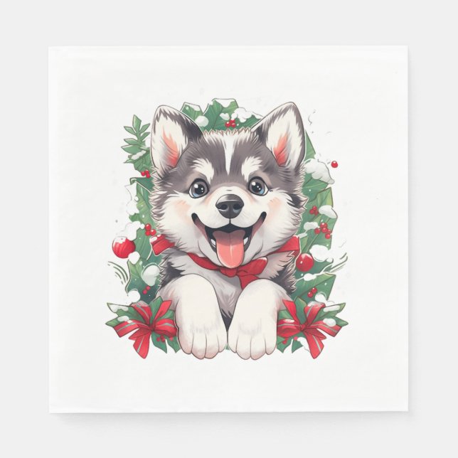 Festive Husky Puppy Classic T-Shirt Pappersservett (Framsidan)