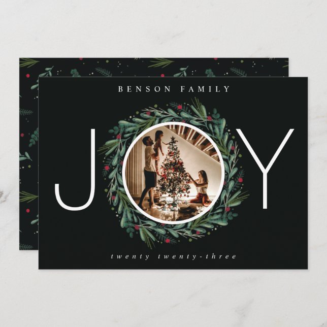 Festive JOY God God God God Löv Berries Photo Julkort (Fram/baksida)