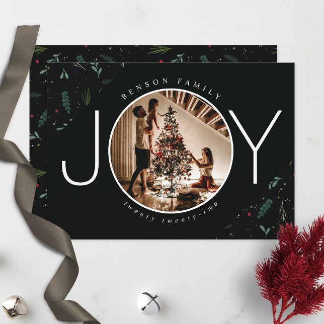 Festive JOY Jul Löv Berries Photo Helgdag Julkort (Skapare uppladdad)