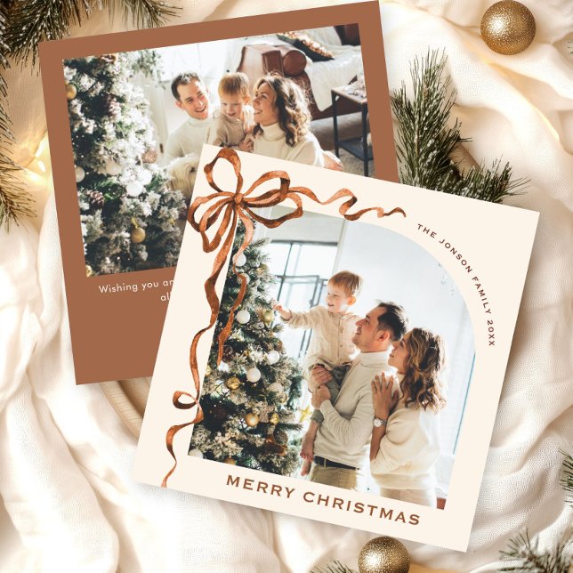 Festive jul Beige Boho Bow Ribbon 2 Photo Julkort (Skapare uppladdad)