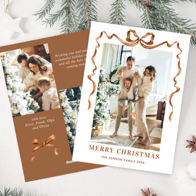 Festive jul Beige Boho Bow Ribbon 3 Photo Julkort (Skapare uppladdad)