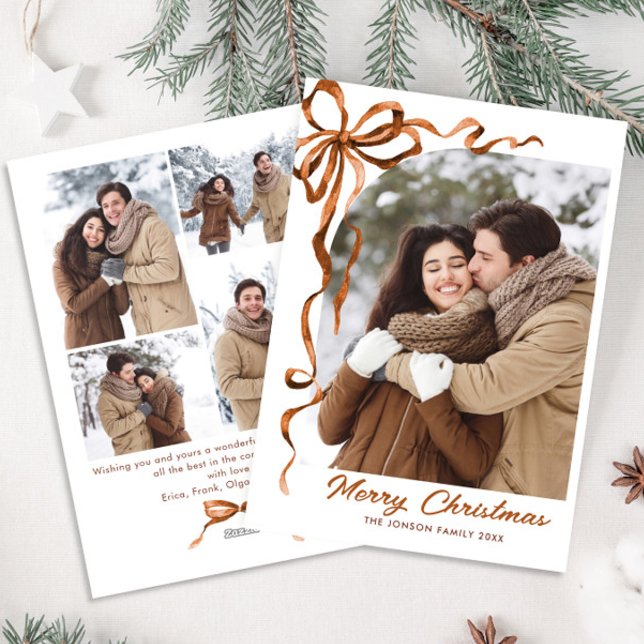 Festive jul Beige Boho Bow Ribbon 5 Photo Julkort (Skapare uppladdad)