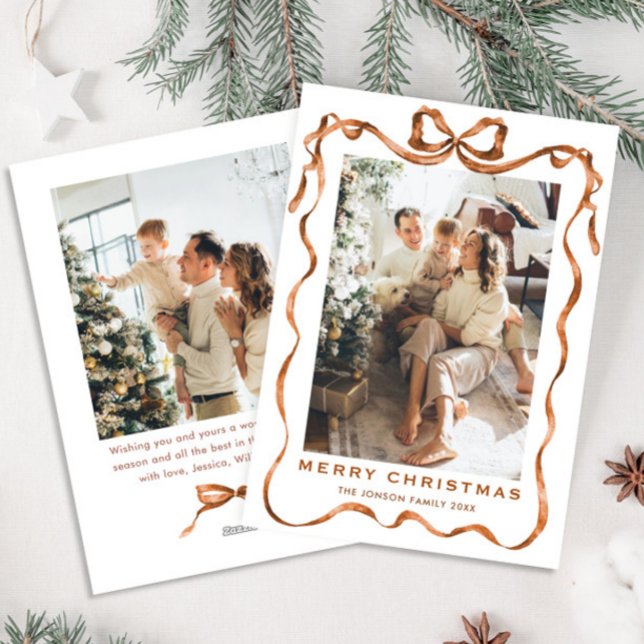 Festive jul Boho Beige Bow Ribbon 2 Photo Julkort (Skapare uppladdad)