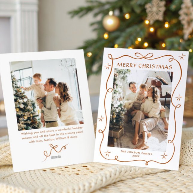 Festive jul Boho Beige Bow Ribbon 2 Photo Julkort (Skapare uppladdad)