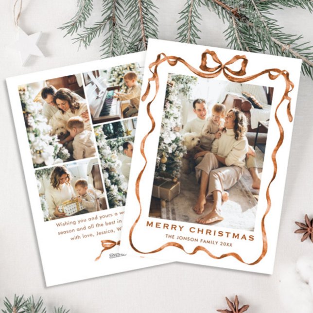 Festive jul Boho Beige Bow Ribbon 5 Photo Julkort (Skapare uppladdad)