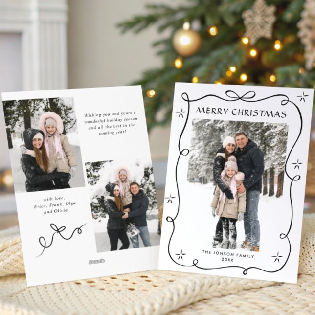 Festive jul Boho Black Bow Ribbon 3 Photo Julkort (Skapare uppladdad)