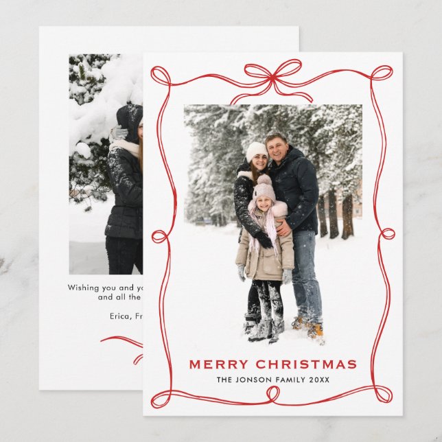 Festive jul Boho Red Bow Ribbon 2 Photo Julkort (Fram/baksida)
