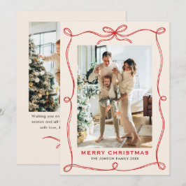Festive jul Boho Red Bow Ribbon 2 Photo Julkort