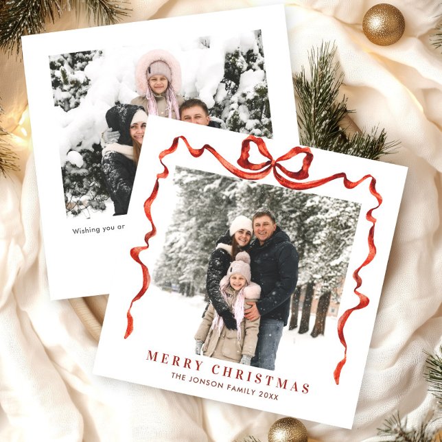 Festive jul Boho Red Bow Ribbon 2 Photo Julkort (Skapare uppladdad)