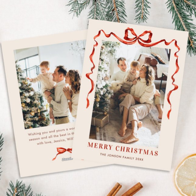 Festive jul Boho Red Bow Ribbon 2 Photo Julkort (Skapare uppladdad)