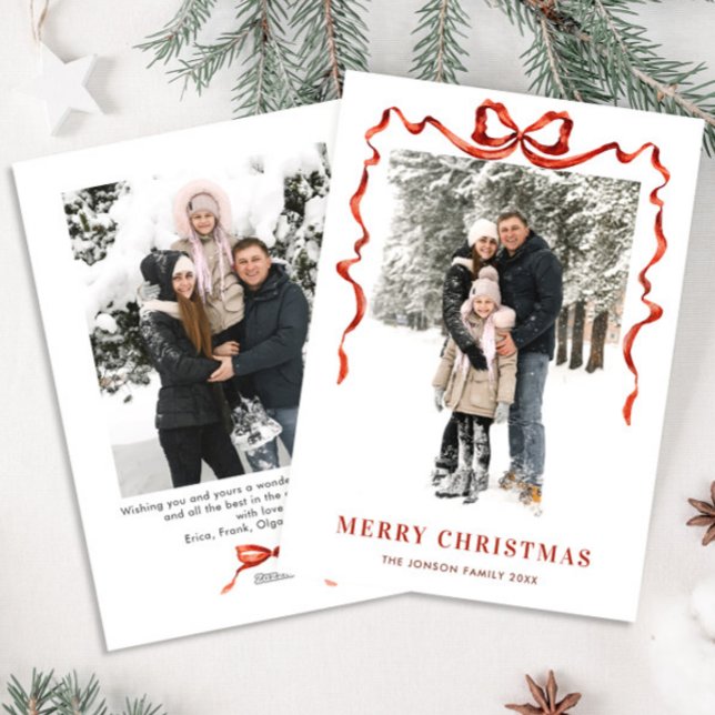Festive jul Boho Red Bow Ribbon 2 Photo Julkort (Skapare uppladdad)