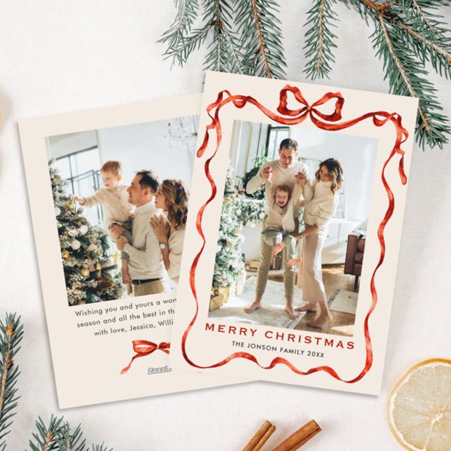 Festive jul Boho Red Bow Ribbon 2 Photo Julkort (Skapare uppladdad)